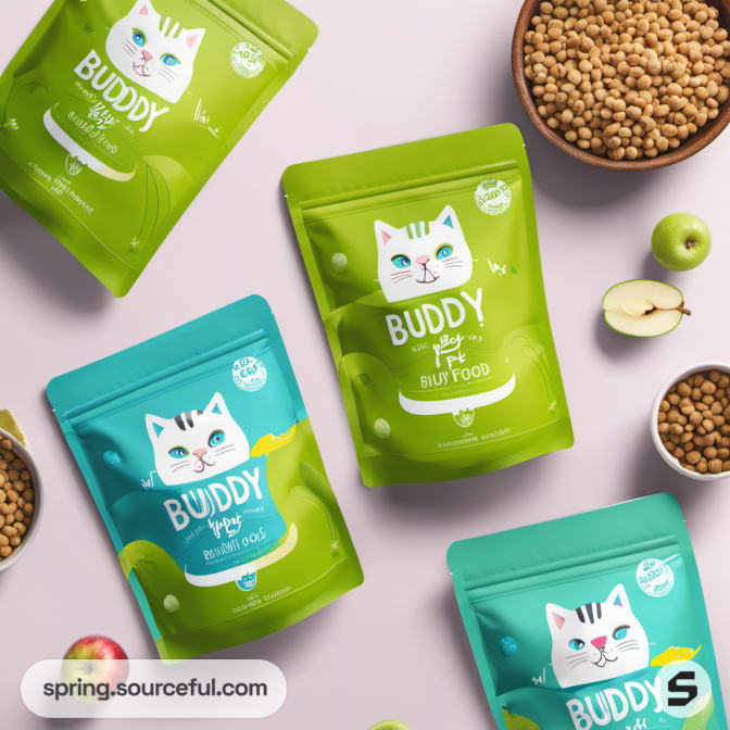 Green and teal pet food pouches with cat illustrations and pellets on pink background.
