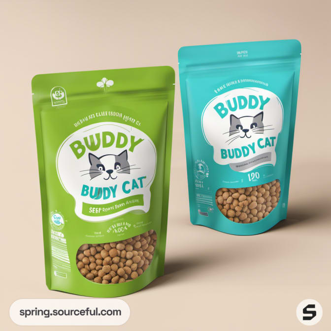 Teal and green resealable cat food pouches with cat drawings and pellets inside.
