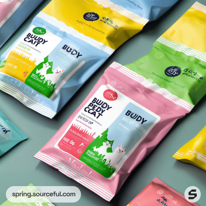 Colorful pet food pouches with whimsical designs in yellow, pink, and blue.