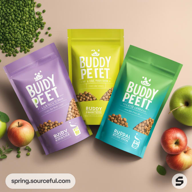 Colorful resealable pouches of pet food with apples and seeds on beige surface.