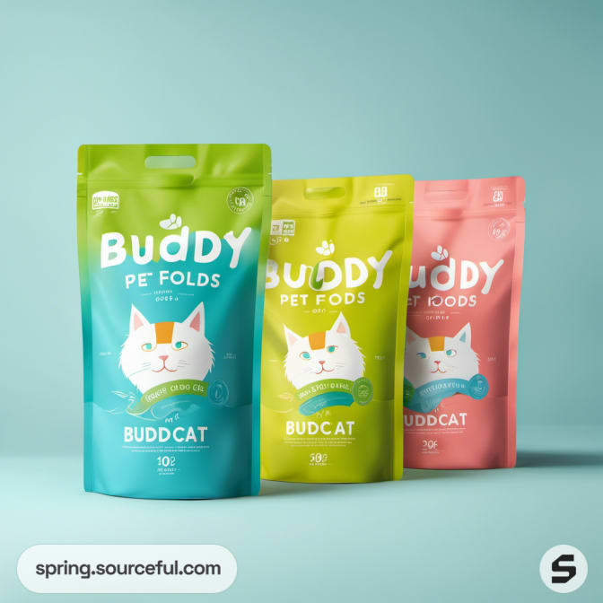 Set of colorful resealable pouches of pet food on blue background.