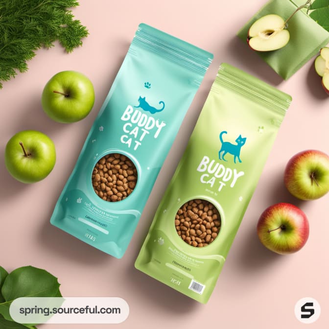 Teal and green resealable cat food pouches with apples on pink background.