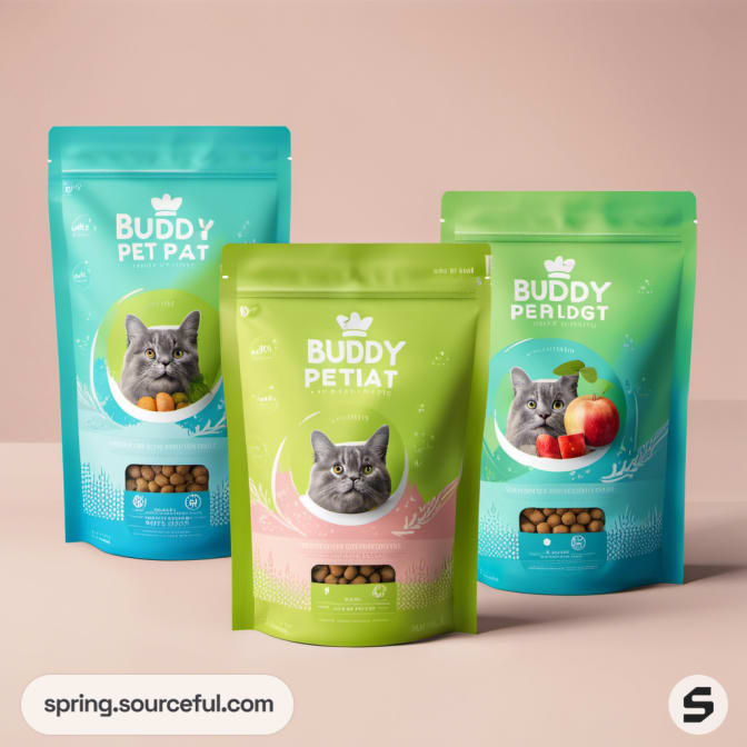 Teal and green cat food pouches with images of cats and apples.