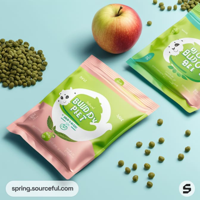 Pink and green pet food pouches with illustrations on blue surface.