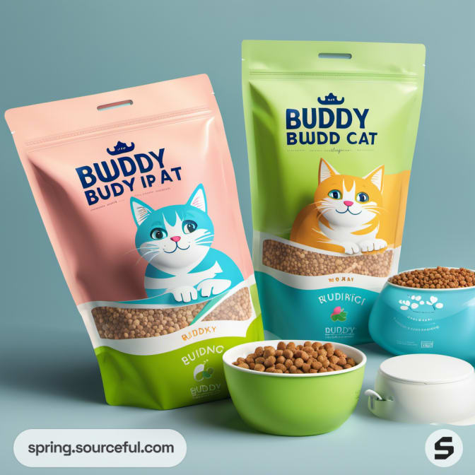 Pink and green resealable pouches with cat illustrations and bowls.