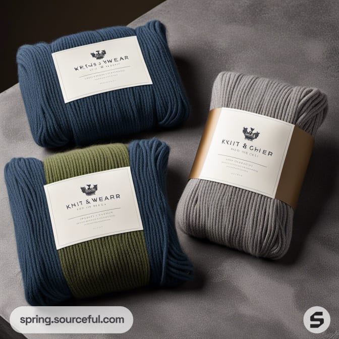 Three sets of knitwear bundles in navy, green, and gray with packaging labels on a soft surface.