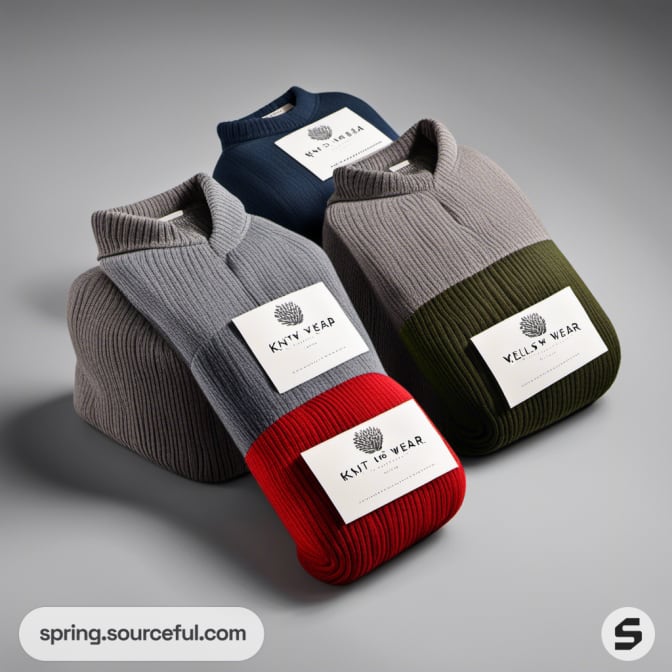 Three knit sweaters bundled with labels in navy, gray, and green, presented upright with packaging design.