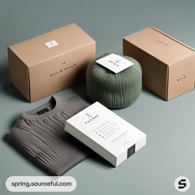 Gray knit sweater and green yarn in tan boxes with labels, showcasing minimalist packaging.