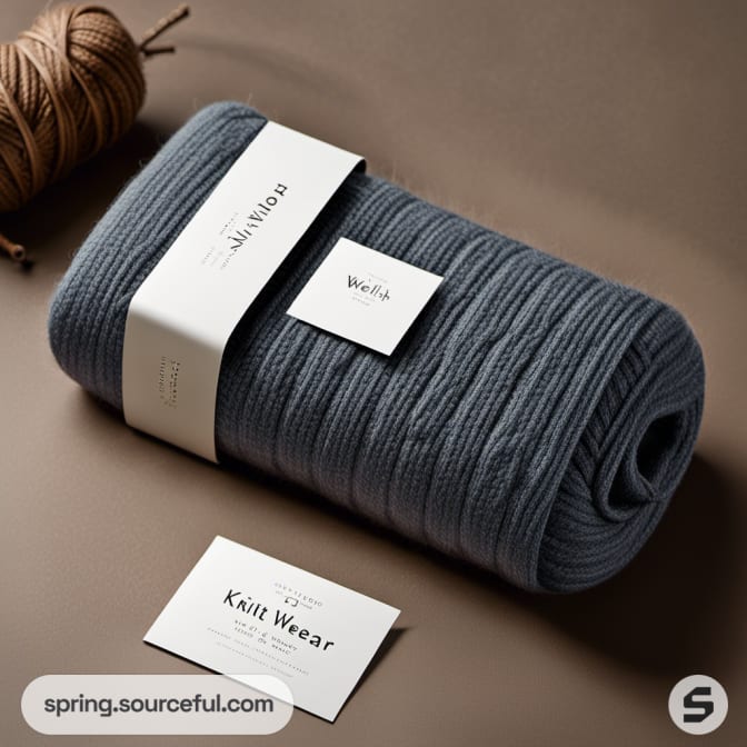 Rolled blue knitwear with white label and business cards, placed on a brown surface.