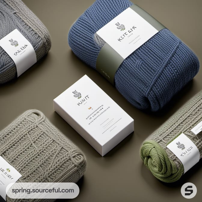 Assorted knit fabrics in blue and green with rectangular packaging on a muted surface.