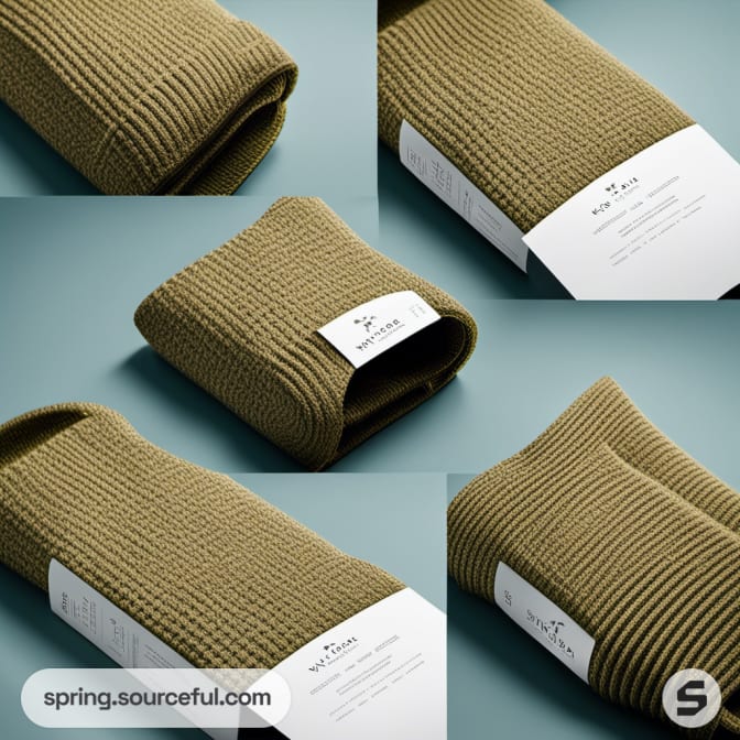 Green knit square fabric with white label, displayed from various angles on a teal background.