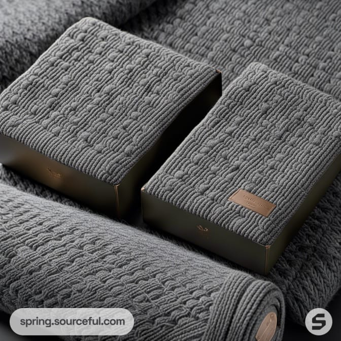 Gray textured knit fabric with square boxes and subtle label on top, in a close-up view.