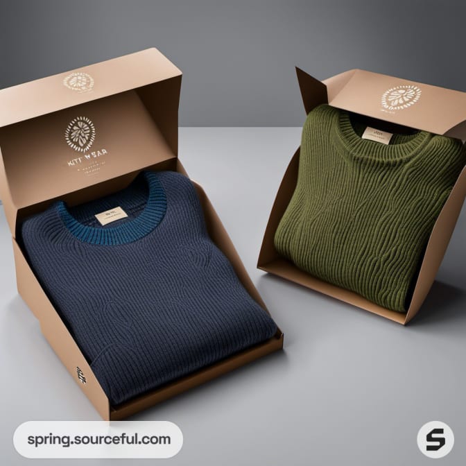 Blue and green sweaters in open tan boxes, showcasing the turned-down collar and label.