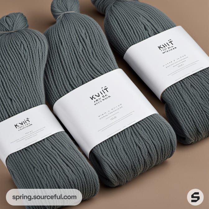 Three skeins of gray yarn with white labels on a brown background, neatly arranged.
