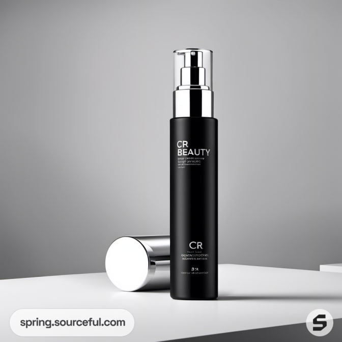 Black cosmetic bottle with pump on white surface, matte finish.