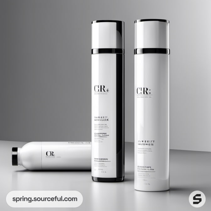 Three tall white bottles with minimal design on gray surface.