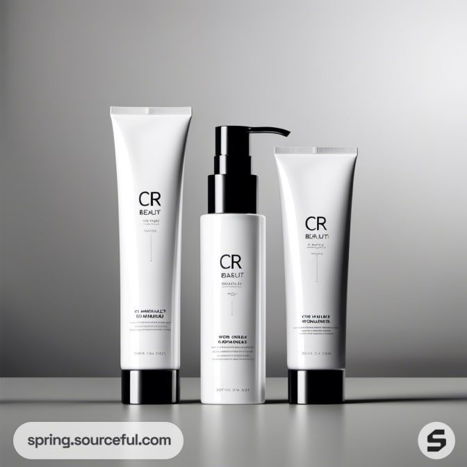 Three white cosmetic tubes with black caps and pump bottle.