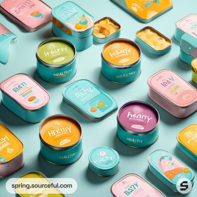 Variety of tins in teal and pastel colors on teal background.