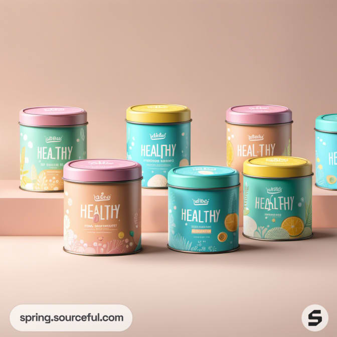 Pastel-colored tins with health-themed designs on neutral background.