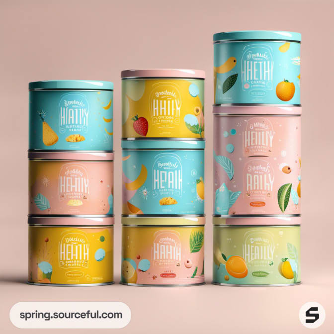 Staggered stacks of pastel tins with fruit illustrations on beige.