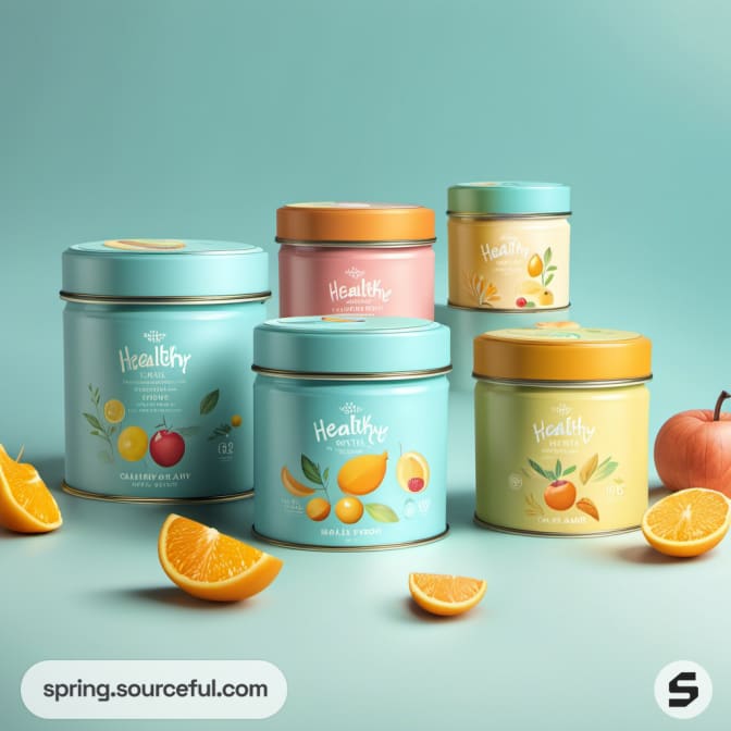 Assorted round tins with fruit illustrations on a teal background.