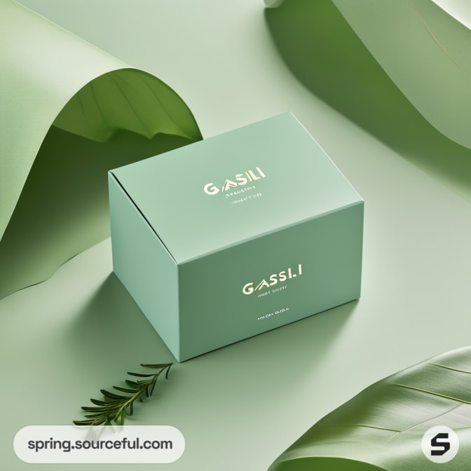 Mint green box with gold text, surrounded by green leaves on a green background.