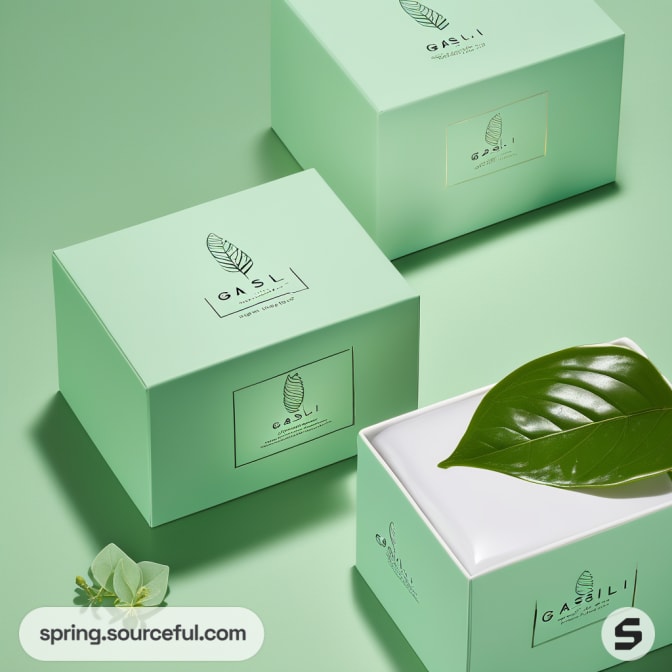 Three mint green boxes with leaf designs and a green leaf resting on one of them.