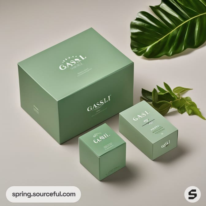 Mint green boxes with leaf pattern, surrounded by assorted green leaves.