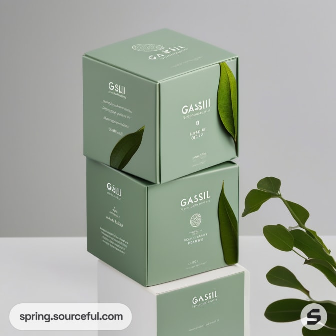 Two stacked mint green boxes with minimalistic leaf designs.