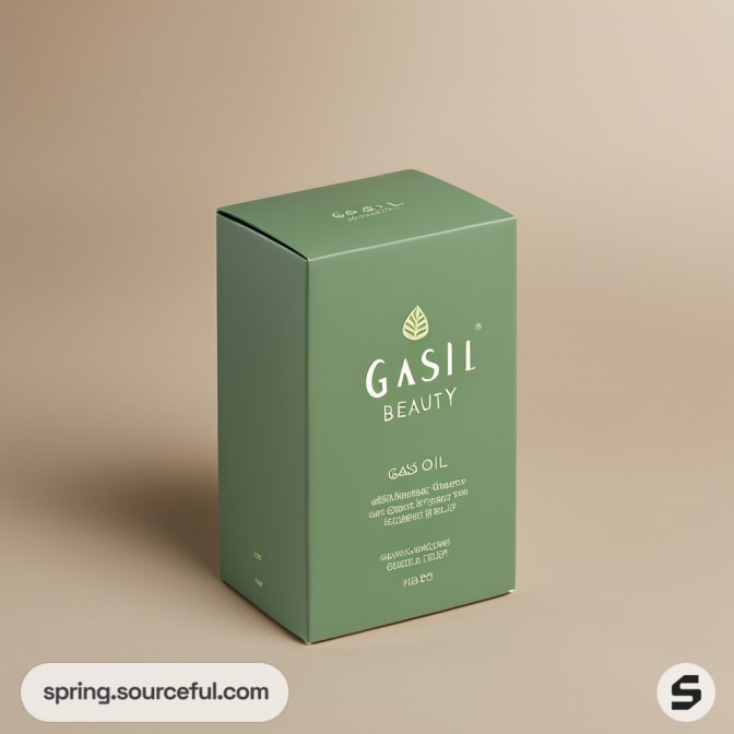 Single olive green box of Gasil Beauty on a beige background.