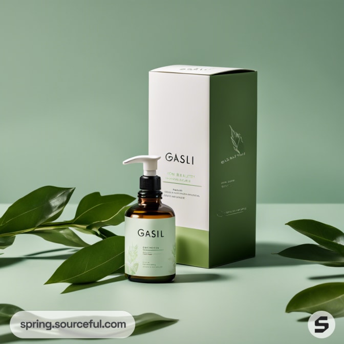 Olive green pump bottle next to a white box with green leaves on a mint background.