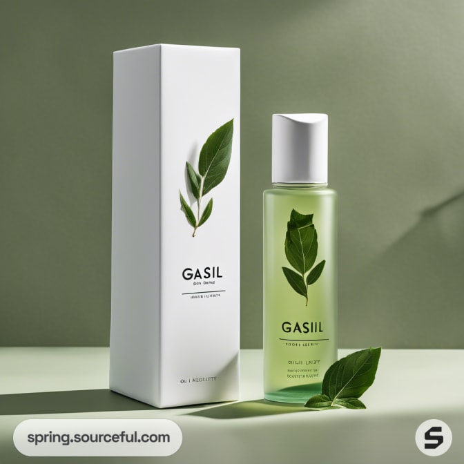 Transparent bottle with a green lid beside a white box with leaf design.