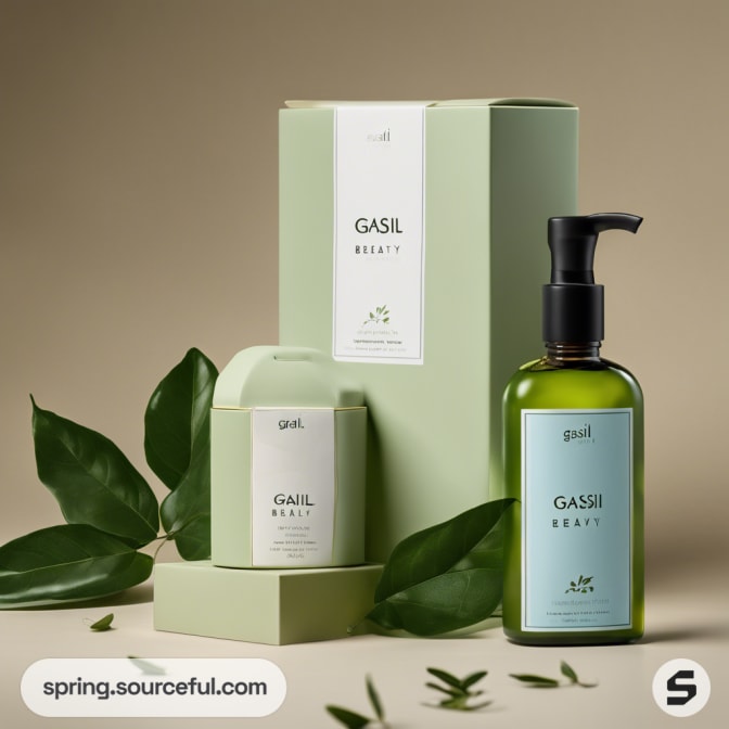 Olive green pump bottle and soap in light green packaging with leaves.