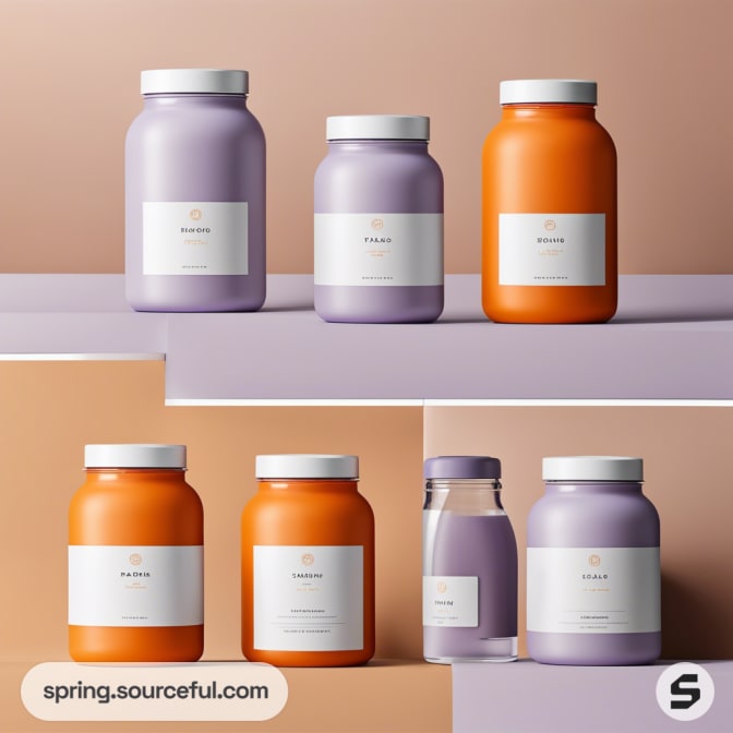 Various vitamin jars in purple and orange with white labels, displayed on a pastel background.