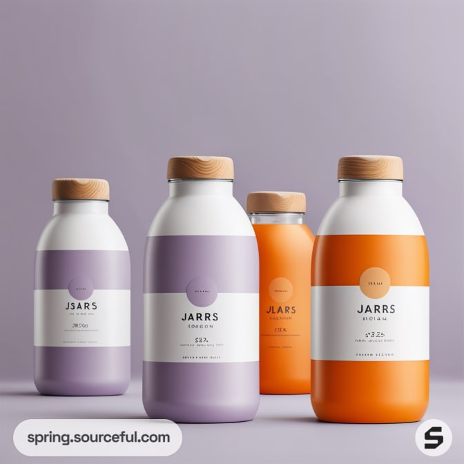 Four bottles with wooden caps, two purple and two orange, on a light purple background.