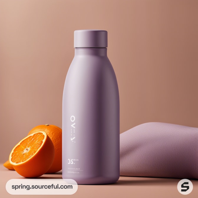 Matte lavender water bottle with oranges on a beige background.