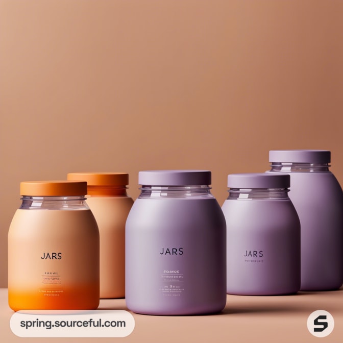 Five jars with minimalistic labels in shades of peach, orange, and lavender against a beige background.