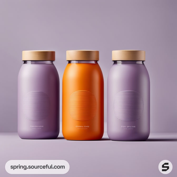 Three matte jars with wooden caps, two purple and one orange, on a purple background.