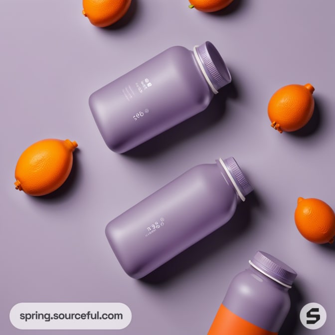 Purple bottles and oranges on a purple background.