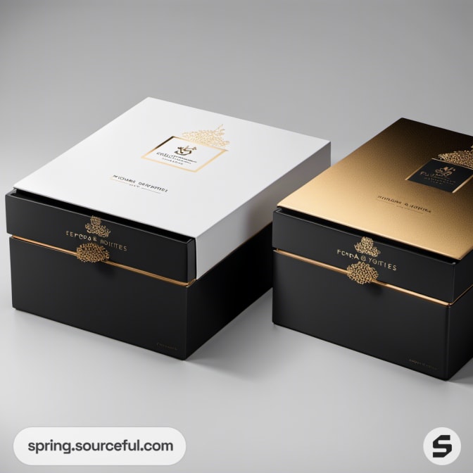 Luxury black and white gift boxes with ornate gold detailing