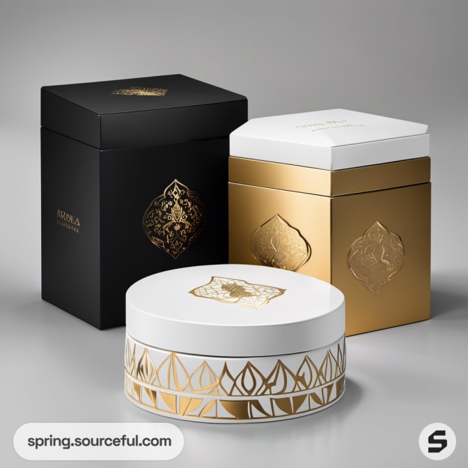 Square and round black, white, and gold gift boxes