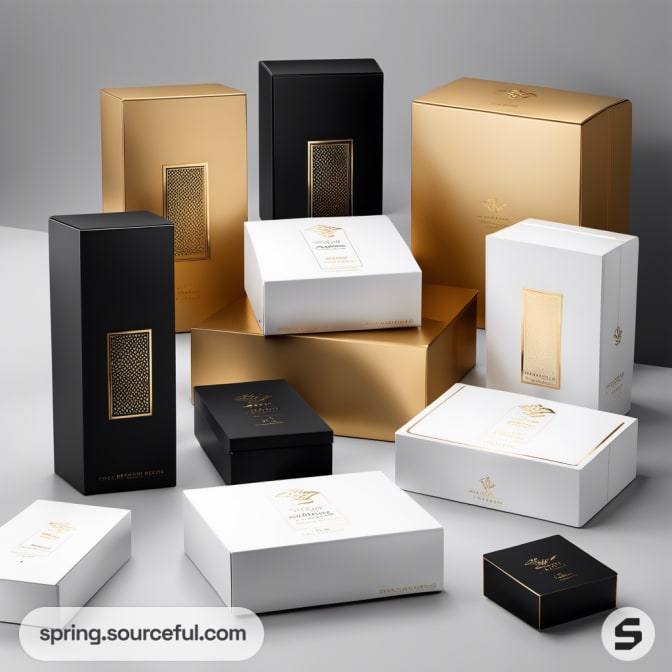 Assorted elegant black, white, and gold rectangular packaging