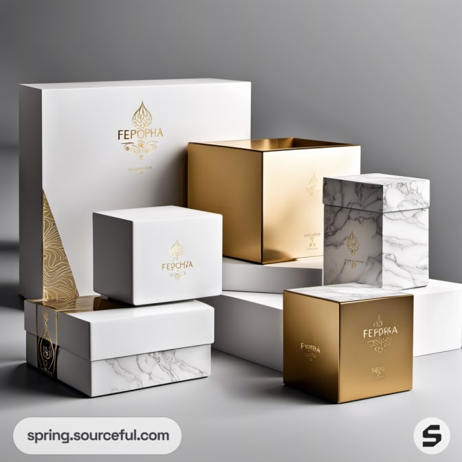 White and gold square boxes with marble pattern accents