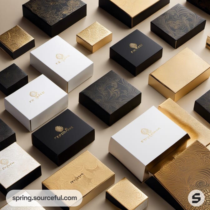 Flat lay of black, white, and gold rectangular boxes