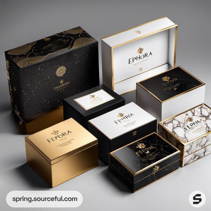 Luxury packaging with black, white, and marble textures
