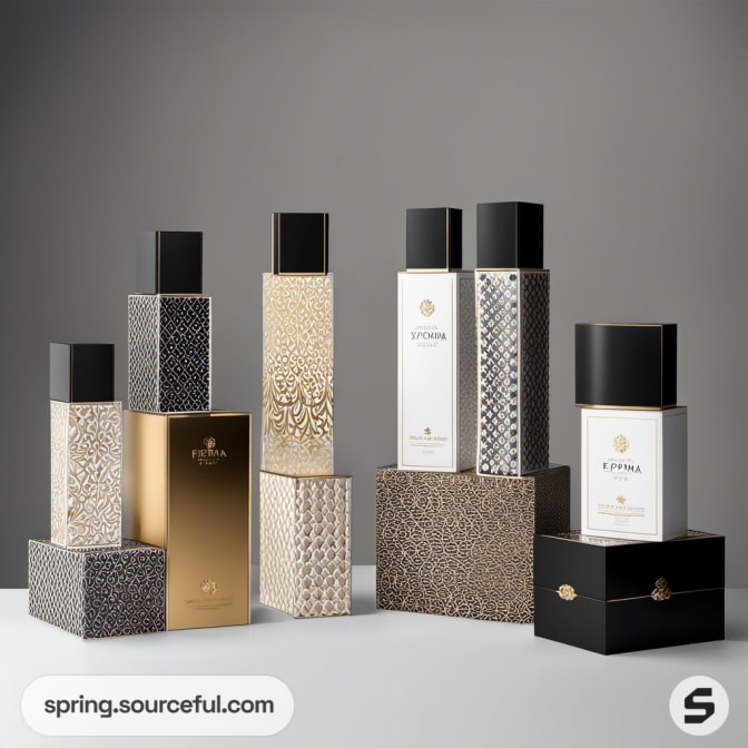 Textured perfume bottles with black caps on decorative boxes