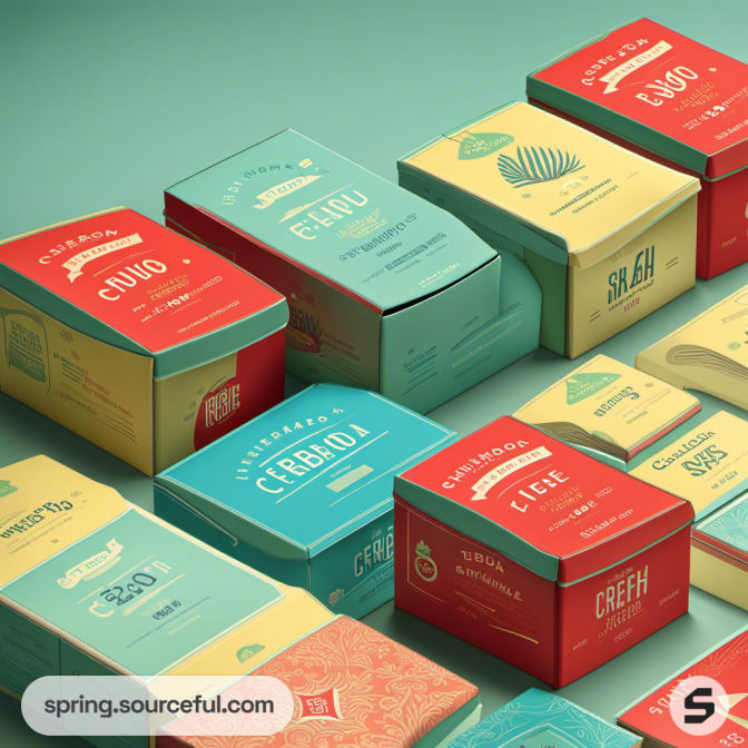 Colorful cardboard boxes with various patterns on a green background.