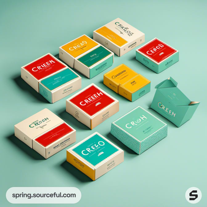 Assorted colorful boxes with vibrant designs on a teal surface.