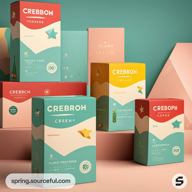 Tall colorful boxes with geometric patterns on a pastel backdrop.