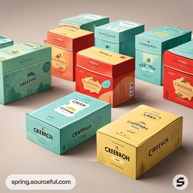 Variety of colorful boxes with nature motifs on beige background.